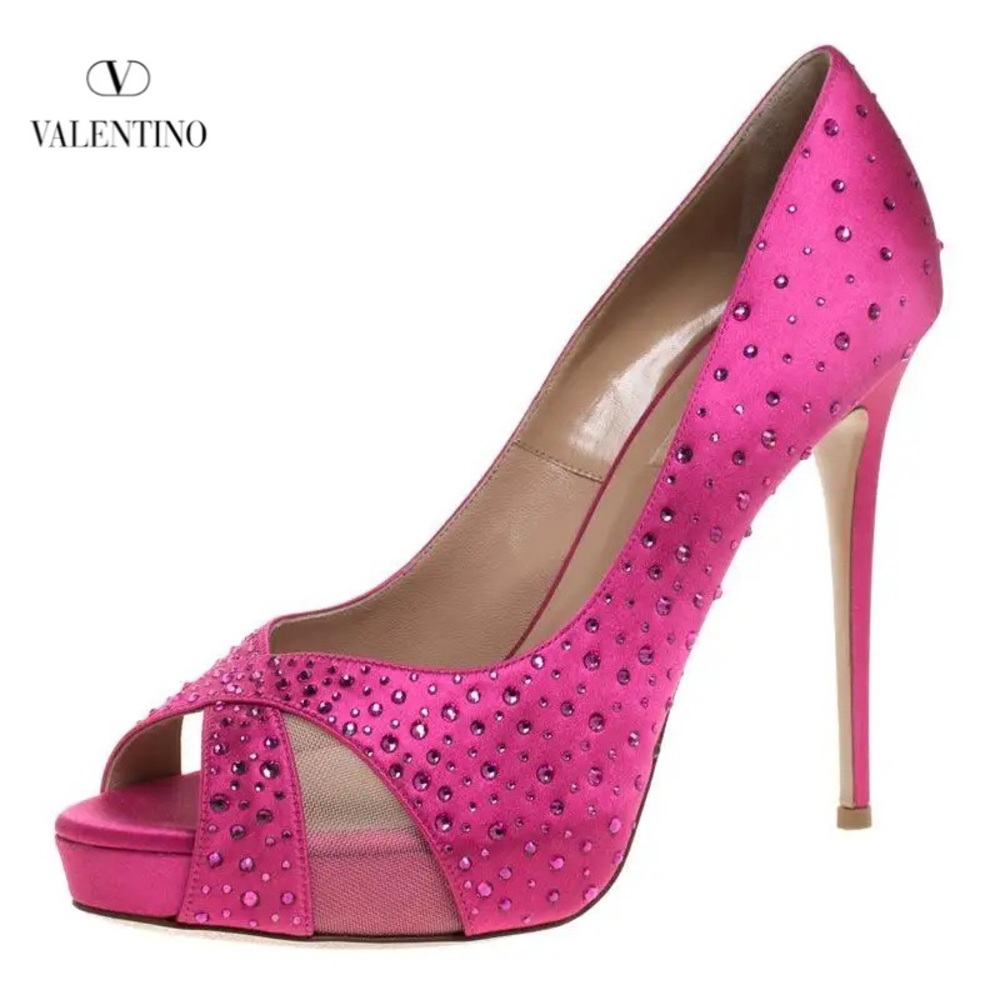 *Authentic* Very Rare BNIB VALENTINO Pink Swarovski Crystal Satin Heels